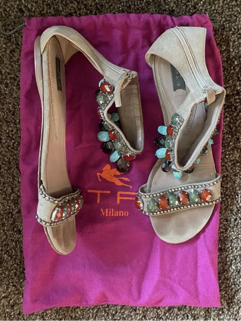 Etro Beige Suede Jeweled T-Strap Sandals US 8 / EU 38 Multicolor Gem Fringe